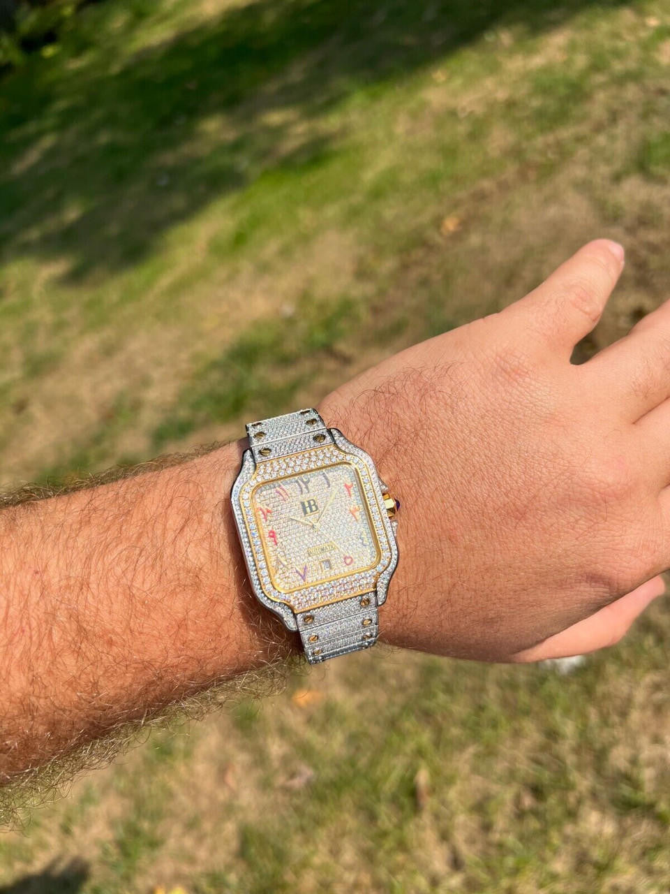 Hip Hop 14k Gold Plated & Stainless Steel Two Tone Real Mens Watch Iced CZ Arabic Dial