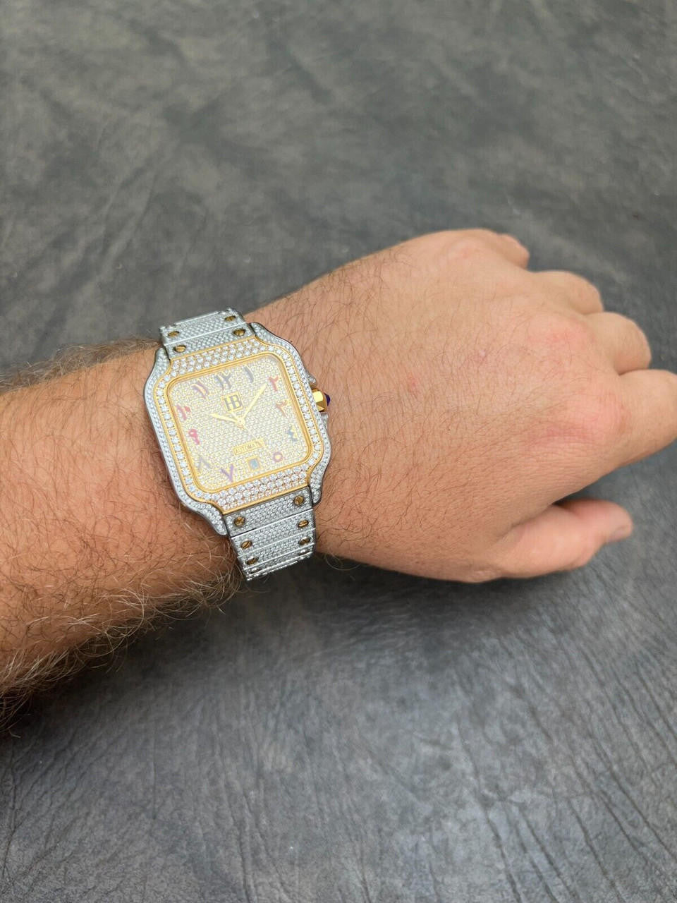 Hip Hop 14k Gold Plated & Stainless Steel Two Tone Real Mens Watch Iced CZ Arabic Dial