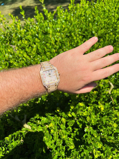 Hip Hop 14k Gold Stainless Steel Mens Watch Iced Simulated Diamond Hip Hop Arabic Dial