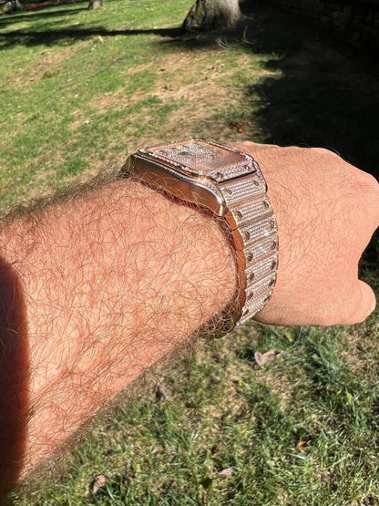 Hip Hop 14k Rose Gold Plated Stainless Steel Mens Watch Fully Iced Hip Hop Out Arabic