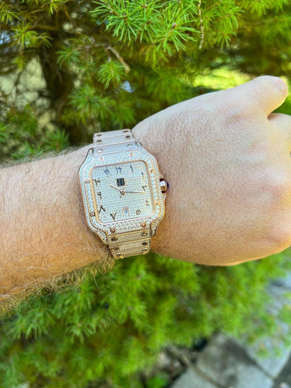 Hip Hop 14k Rose Gold Plated Stainless Steel Mens Watch Fully Iced Hip Hop Out Arabic