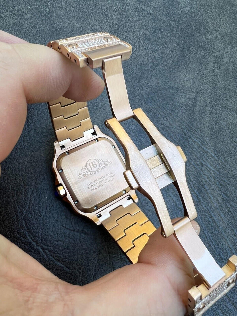 Hip Hop 14k Rose Gold Plated Stainless Steel Mens Watch Fully Iced Hip Hop Out Arabic