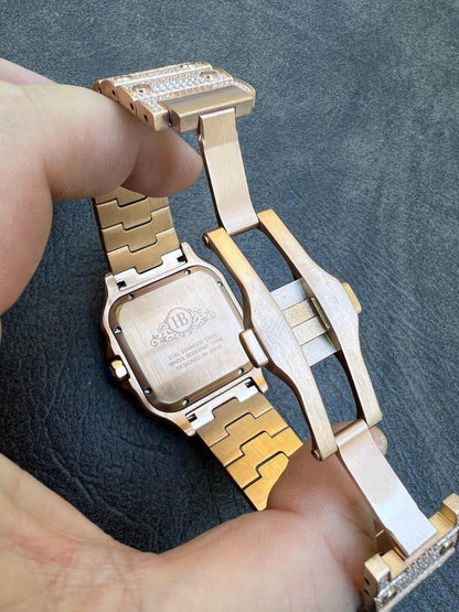 Hip Hop 14k Rose Gold Plated Stainless Steel Mens Watch Fully Iced Hip Hop Out Arabic