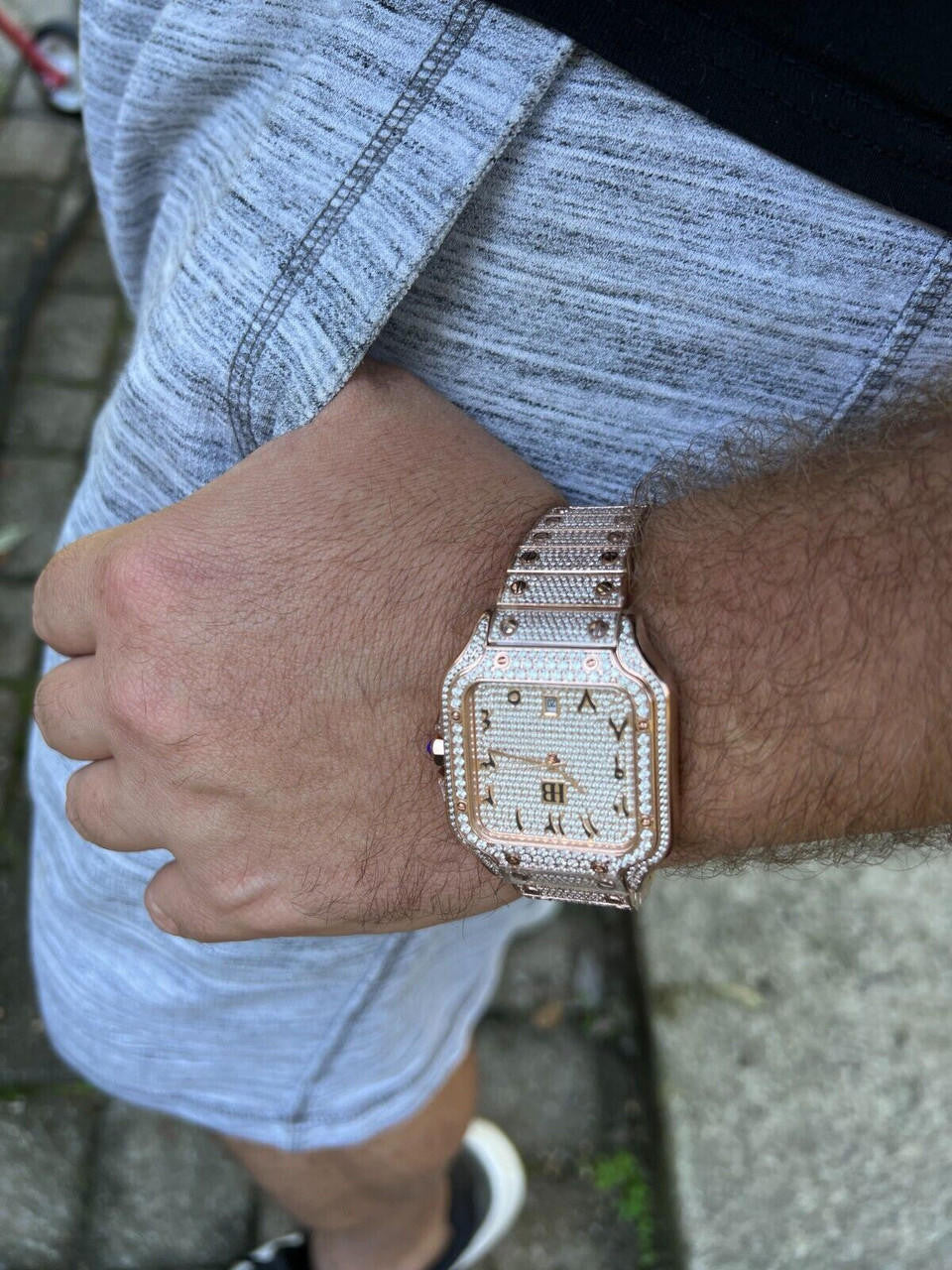 Hip Hop 14k Rose Gold Plated Stainless Steel Mens Watch Fully Iced Hip Hop Out Arabic