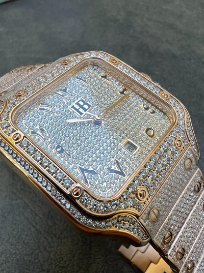 Hip Hop 14k Rose Gold Plated Stainless Steel Mens Watch Fully Iced Hip Hop Out Arabic