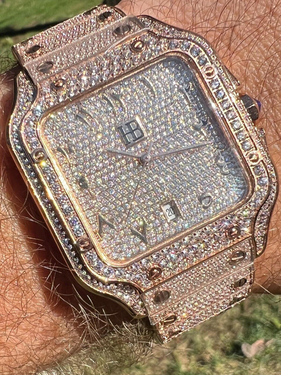 Hip Hop 14k Rose Gold Plated Stainless Steel Mens Watch Fully Iced Hip Hop Out Arabic