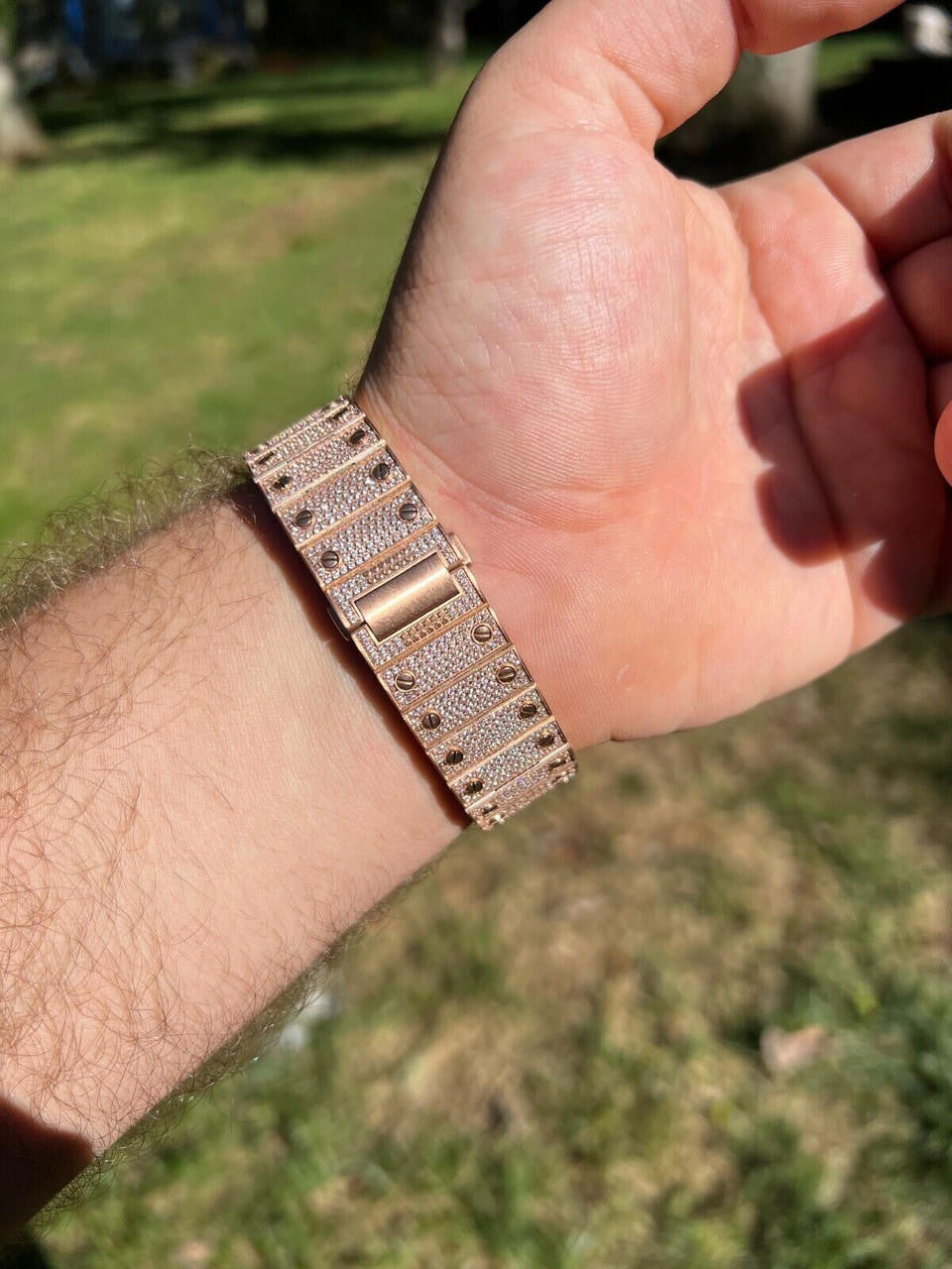 Hip Hop 14k Rose Gold Plated Stainless Steel Mens Watch Fully Iced Hip Hop Out Arabic