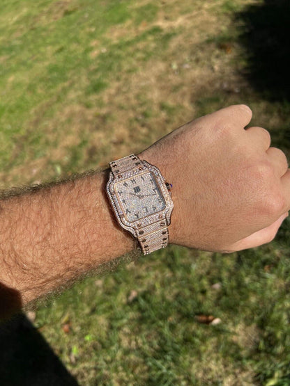 Hip Hop 14k Rose Gold Plated Stainless Steel Mens Watch Fully Iced Hip Hop Out Arabic