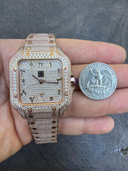 Hip Hop 14k Rose Gold Plated Stainless Steel Mens Watch Fully Iced Hip Hop Out Arabic