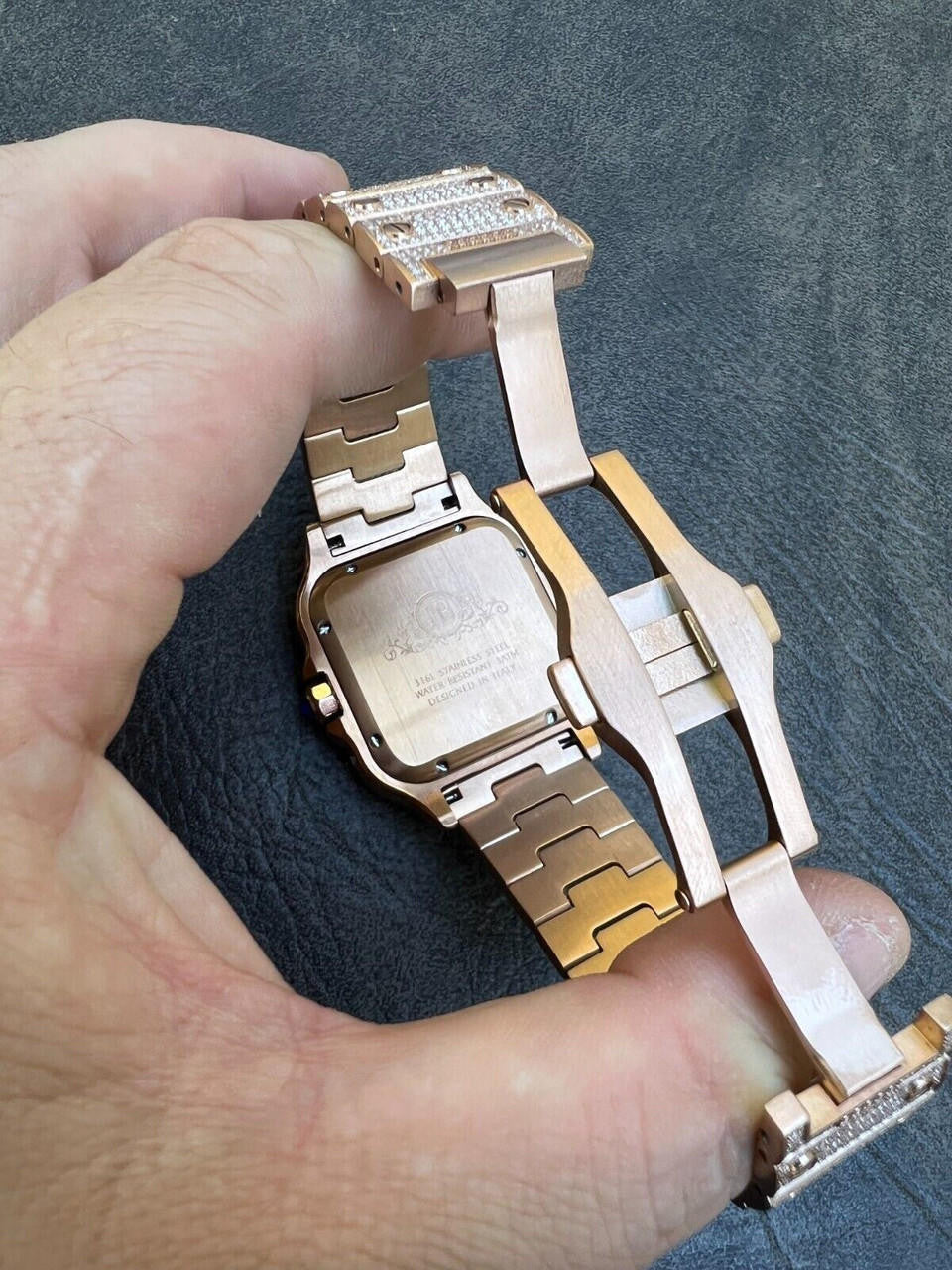 14k Rose Gold Plated Stainless Steel Mens Watch Fully Iced Hip Hop Out Bust Down