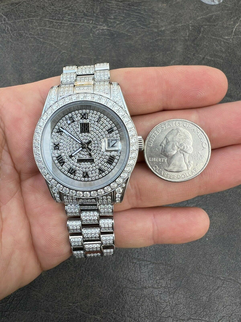 Hip Hop 15ct MOISSANITE Mens Presidential Watch Iced Bust Down Hip Hop Diamond Test 