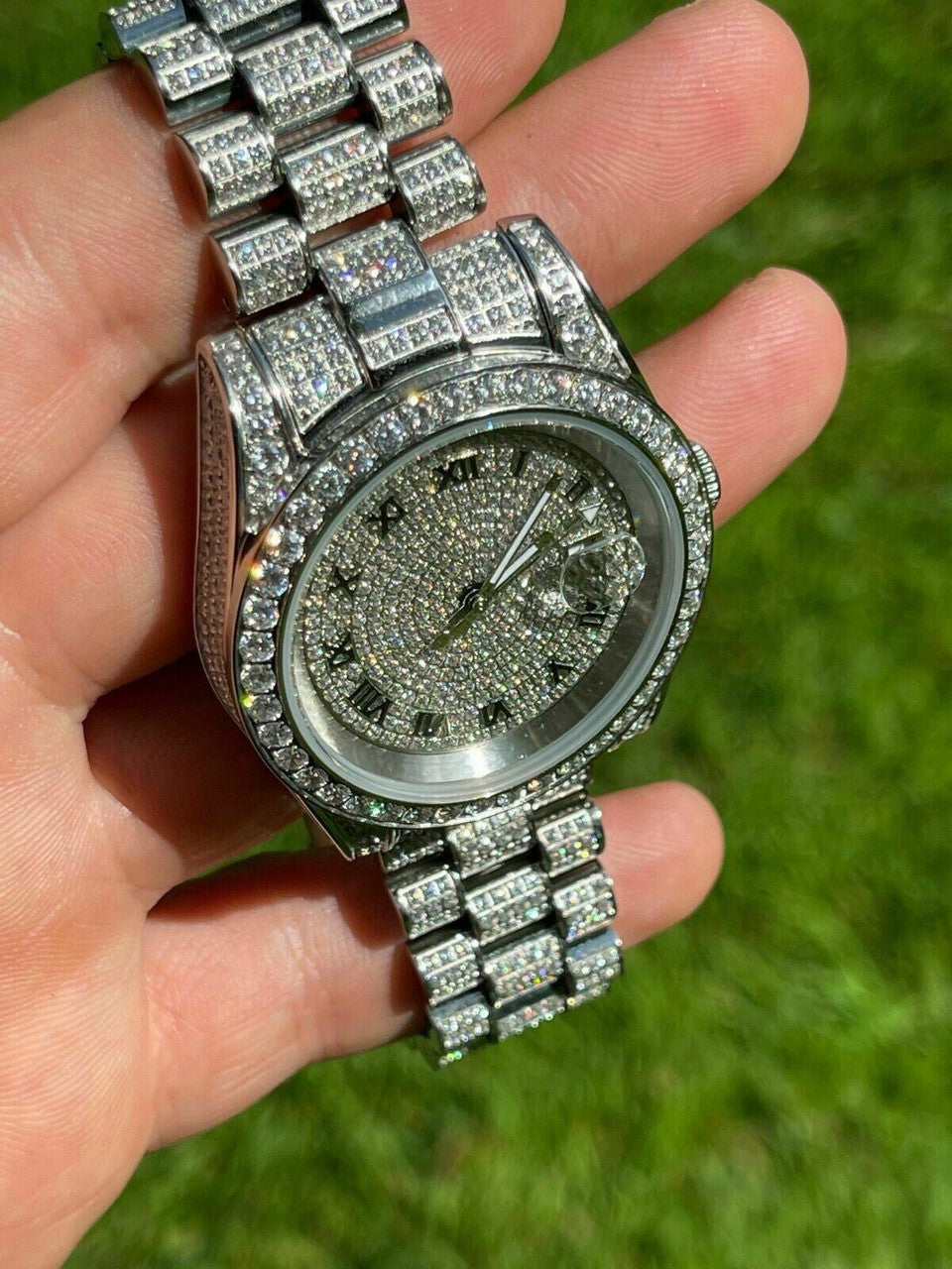 Hip Hop 15ct MOISSANITE Mens Presidential Watch Iced Flooded Out Hip Hop Diamond Test 
