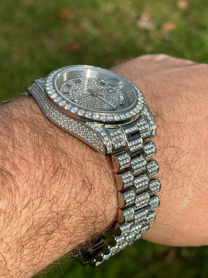 Hip Hop 15ct MOISSANITE Mens Presidential Watch Iced Flooded Out Hip Hop Diamond Test 