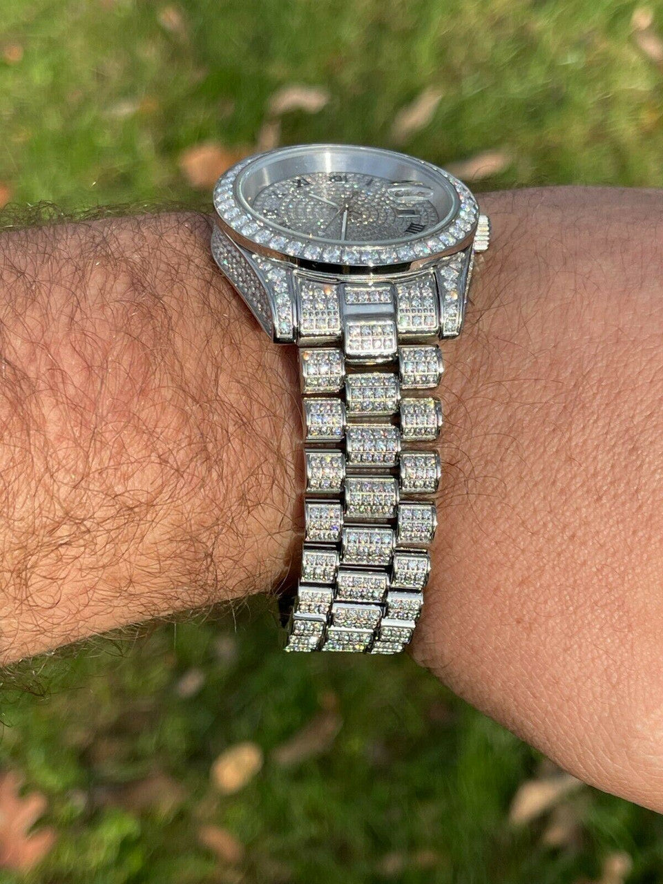 Hip Hop 15ct MOISSANITE Mens Presidential Watch Iced Flooded Out Hip Hop Diamond Test 