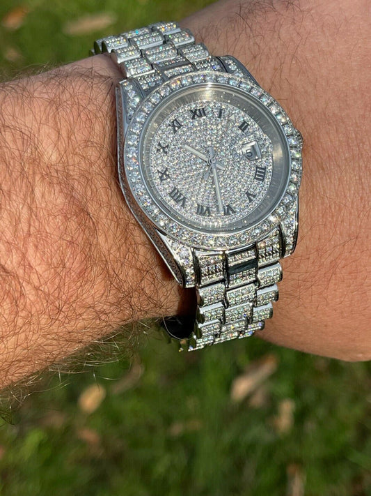 Hip Hop 15ct MOISSANITE Mens Presidential Watch Iced Flooded Out Hip Hop Diamond Test 