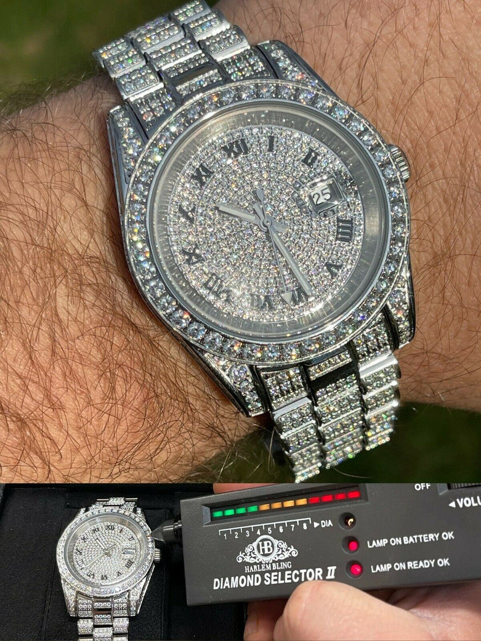 Hip Hop 15ct MOISSANITE Mens Presidential Watch Iced Flooded Out Hip Hop Diamond Test 