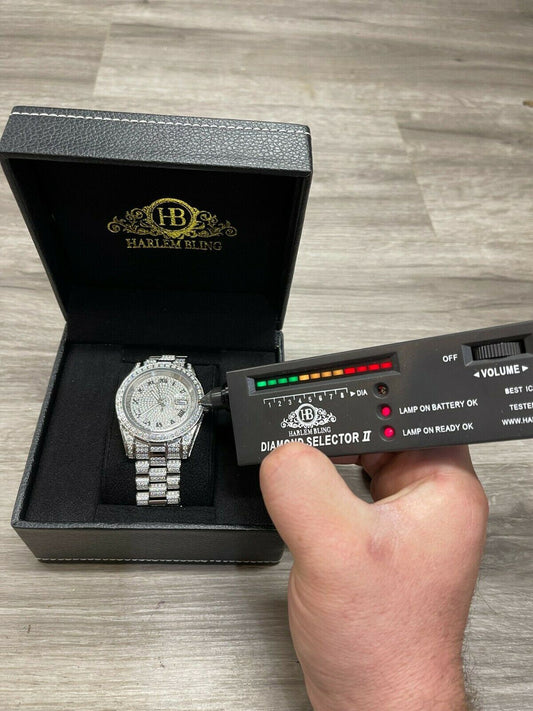 Hip Hop 15ct MOISSANITE Mens Presidential Watch Iced Flooded Out Hip Hop Diamond Test 
