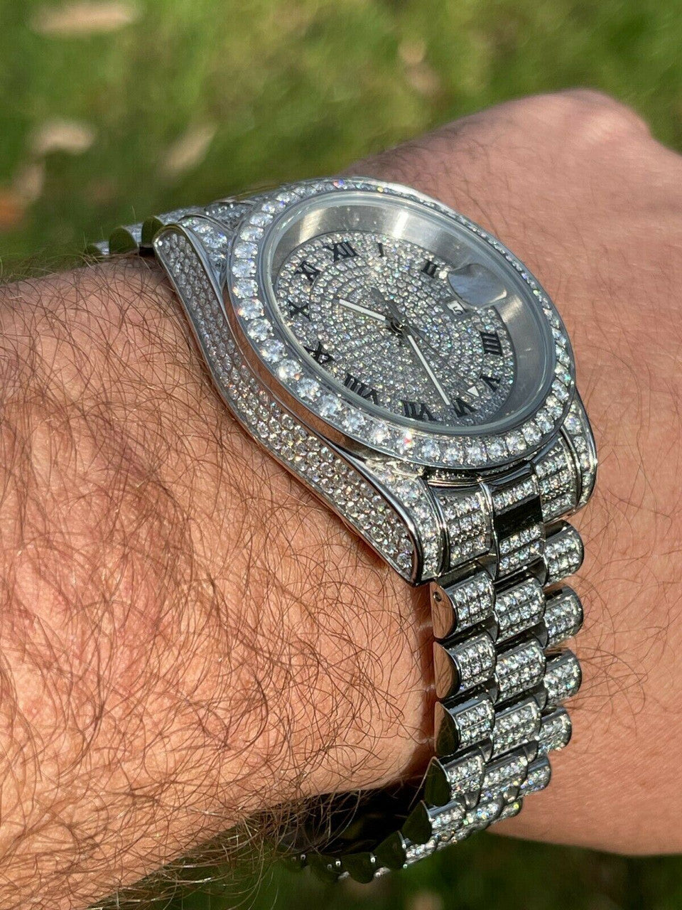 Hip Hop 15ct MOISSANITE Mens Presidential Watch Iced Flooded Out Hip Hop Diamond Test 