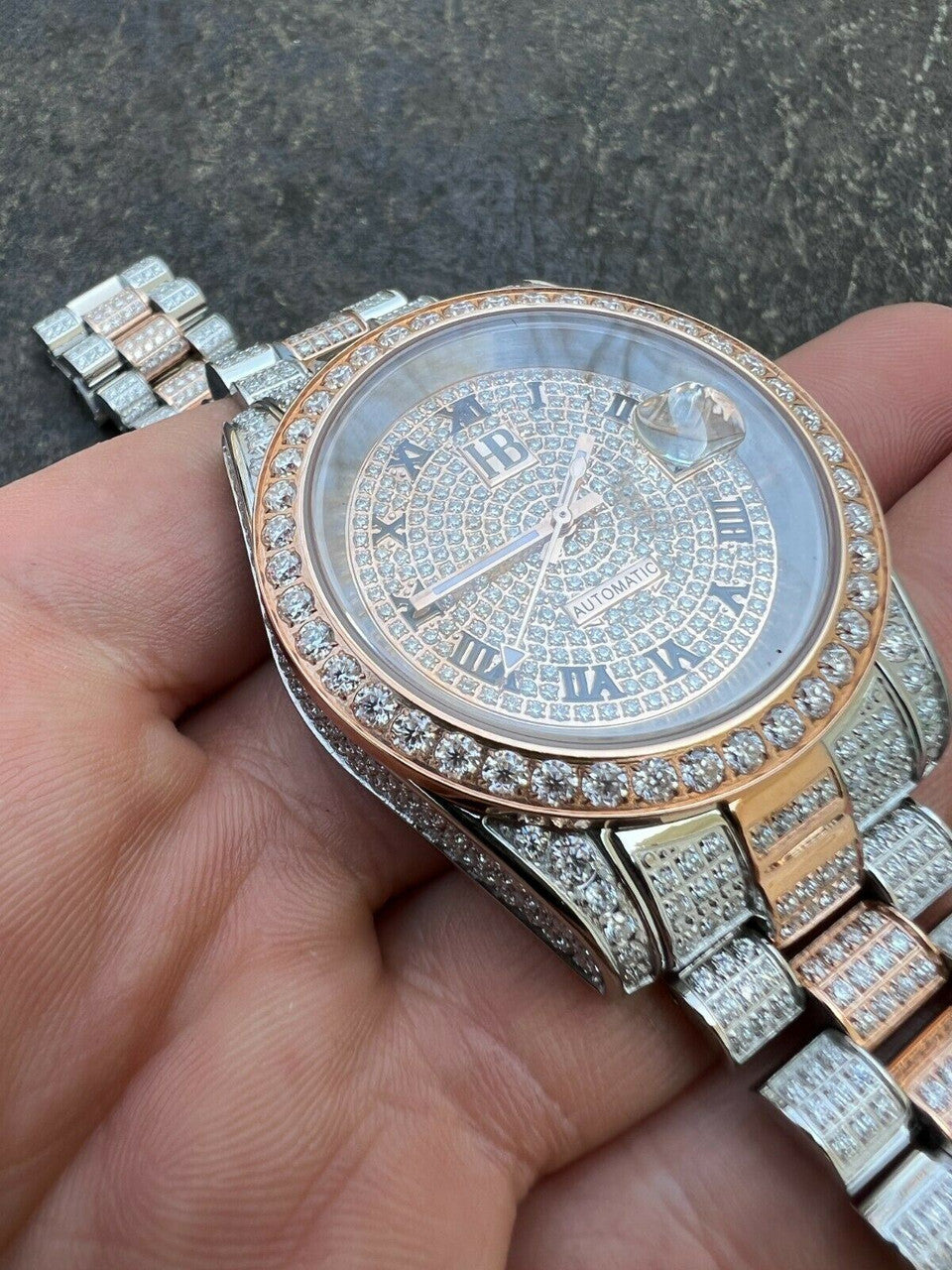 15ct MOISSANITE Mens Presidential Watch Rose Gold Iced Hip Hop