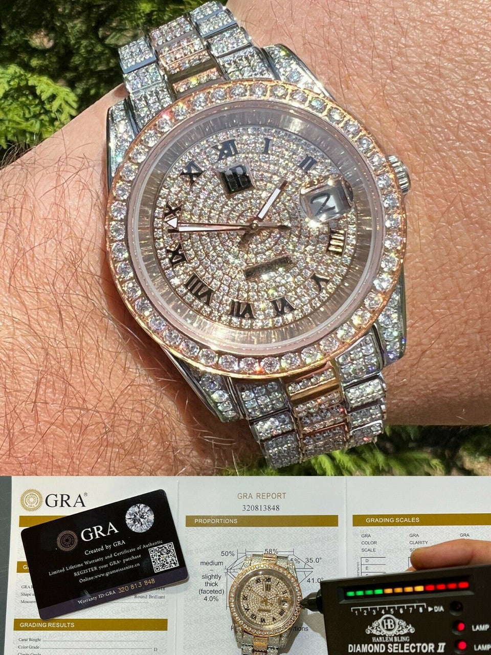 15ct MOISSANITE Mens Presidential Watch Rose Gold Iced Hip Hop