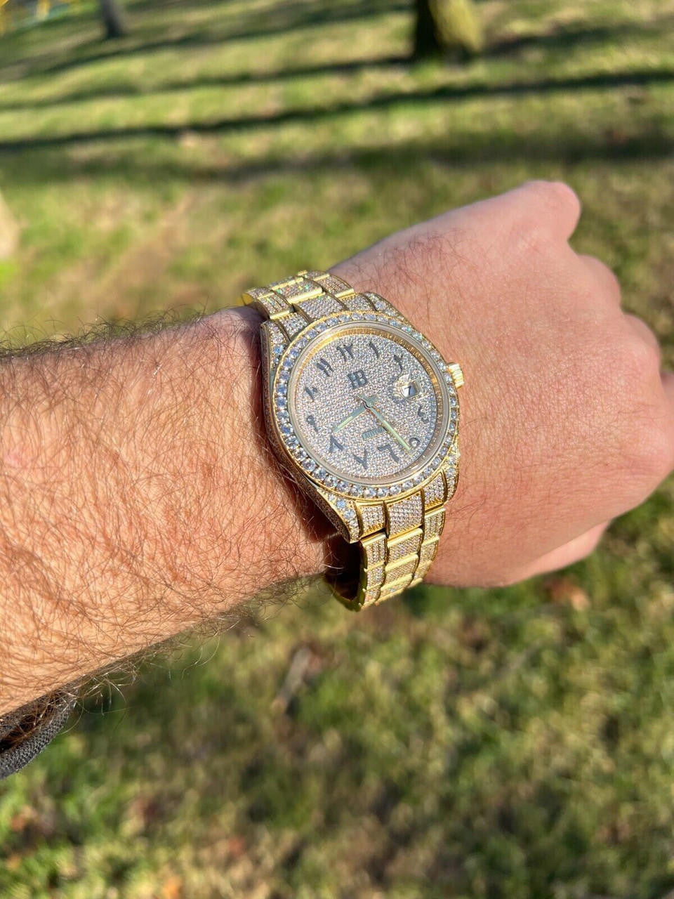 Hip Hop 16ct MOISSANITE Mens 14k Gold Over Stainless Watch Honeycomb Iced Arabic Dial