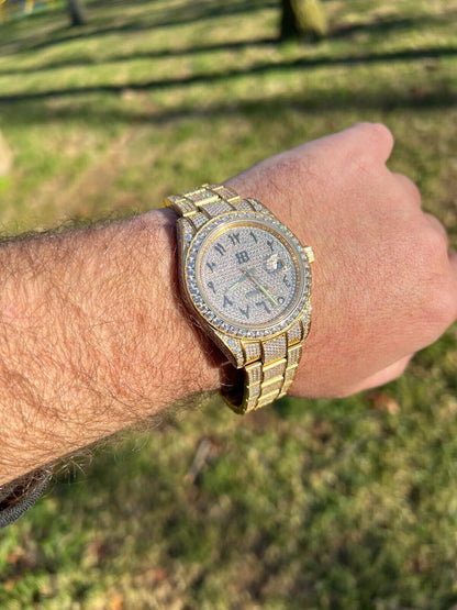 Hip Hop 16ct MOISSANITE Mens 14k Gold Over Stainless Watch Honeycomb Iced Arabic Dial