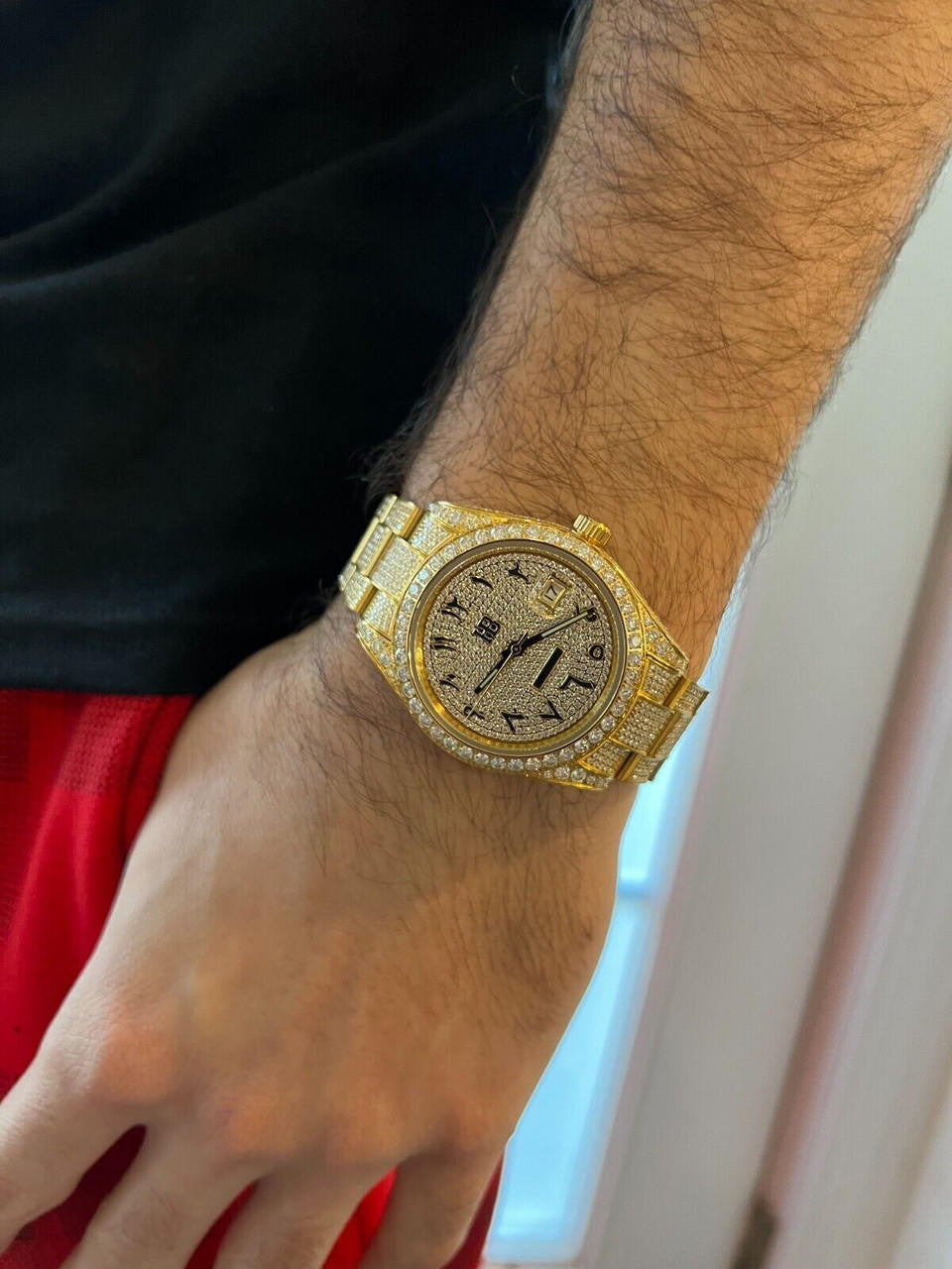 Hip Hop 16ct MOISSANITE Mens 14k Gold Over Stainless Watch Honeycomb Iced Arabic Dial