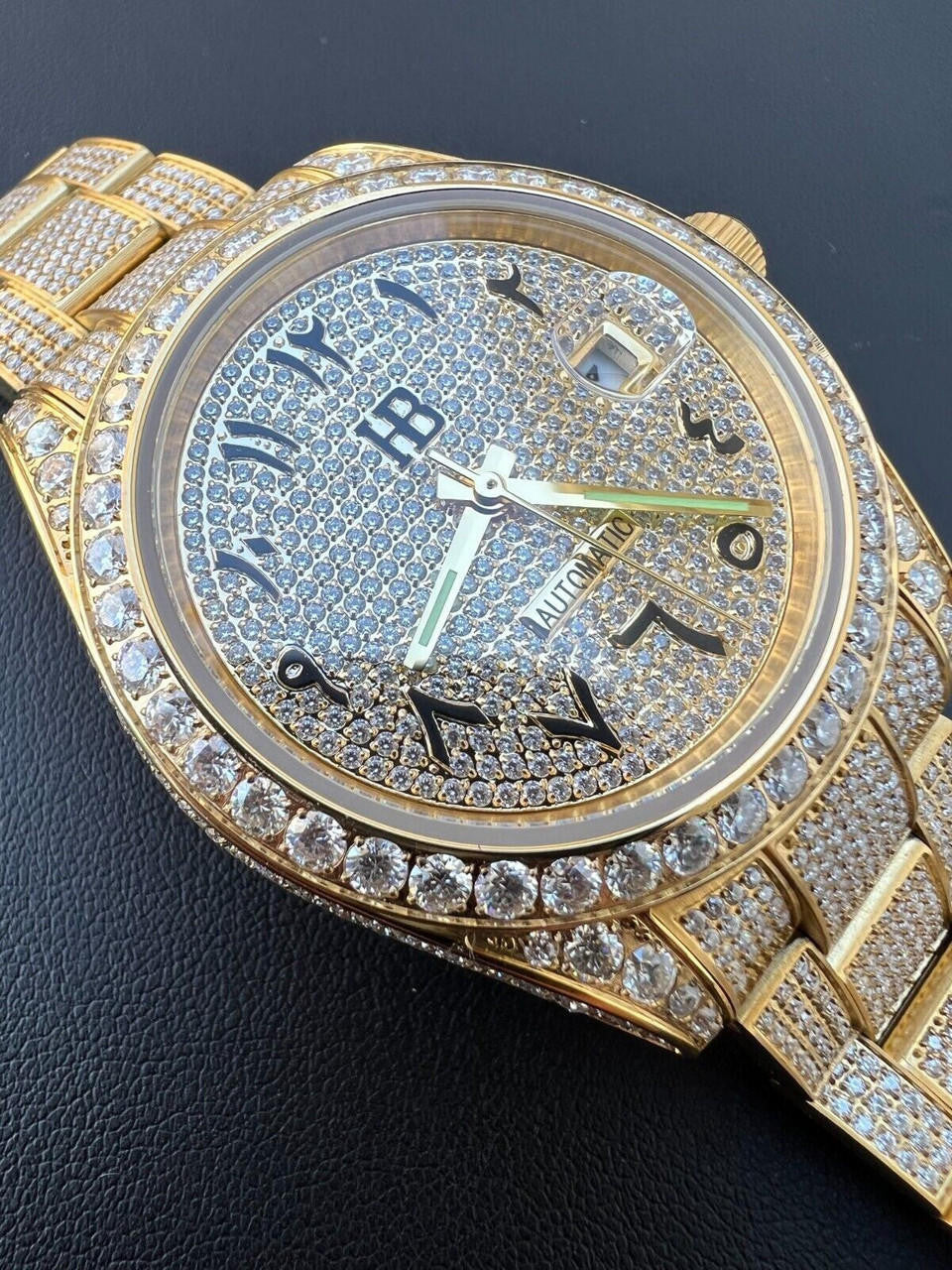 Hip Hop 16ct MOISSANITE Mens 14k Gold Over Stainless Watch Honeycomb Iced Arabic Dial