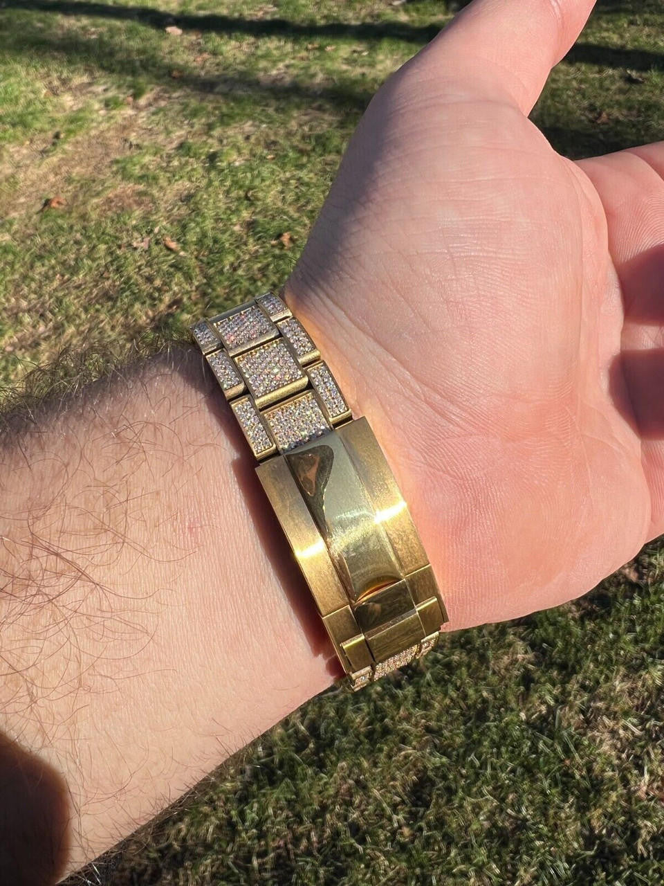 Hip Hop 16ct MOISSANITE Mens 14k Gold Over Stainless Watch Honeycomb Iced Arabic Dial