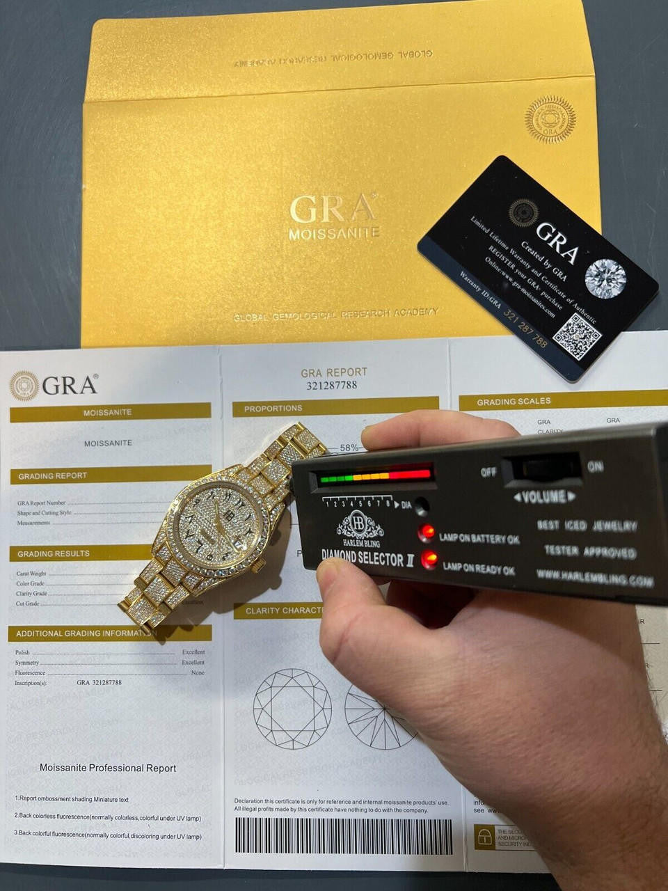 Hip Hop 16ct MOISSANITE Mens 14k Gold Over Stainless Watch Honeycomb Iced Arabic Dial