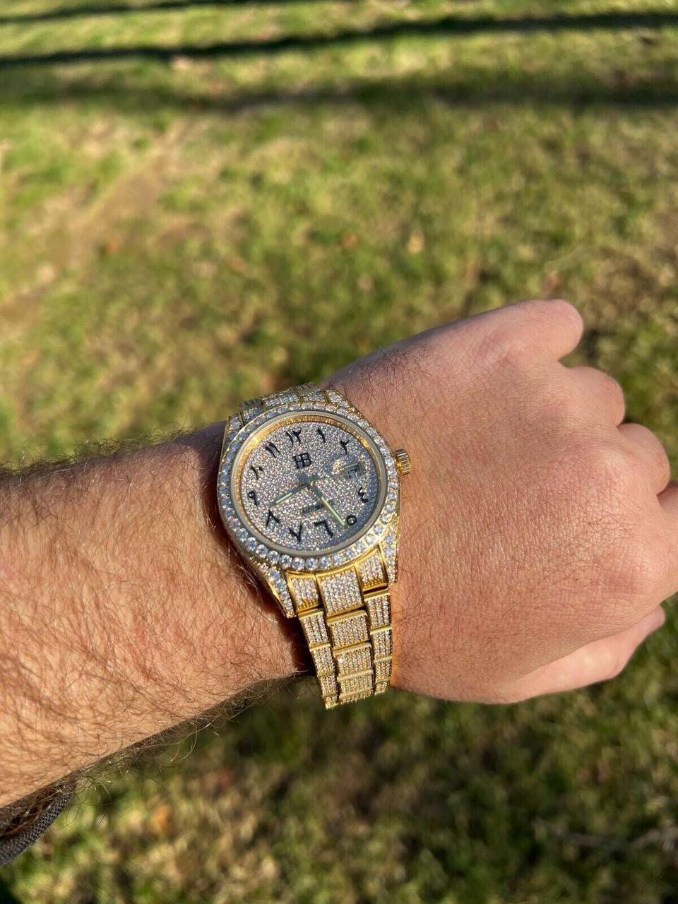 Hip Hop 16ct MOISSANITE Mens 14k Gold Over Stainless Watch Honeycomb Iced Arabic Dial