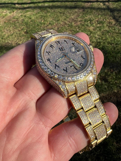 Hip Hop 16ct MOISSANITE Mens 14k Gold Over Stainless Watch Honeycomb Iced Arabic Dial