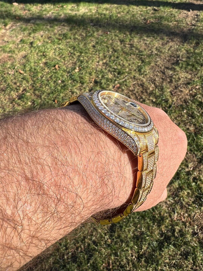 Hip Hop 16ct MOISSANITE Mens 14k Gold Over Stainless Watch Honeycomb Iced Arabic Dial