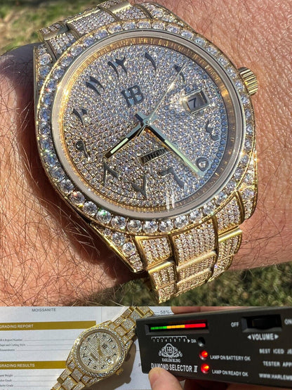 Hip Hop 16ct MOISSANITE Mens 14k Gold Over Stainless Watch Honeycomb Iced Arabic Dial