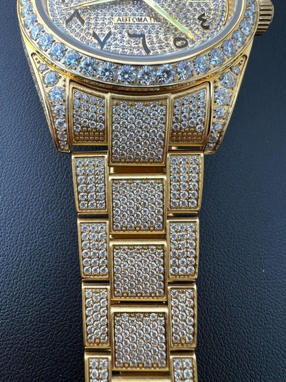Hip Hop 16ct MOISSANITE Mens 14k Gold Over Stainless Watch Honeycomb Iced Arabic Dial