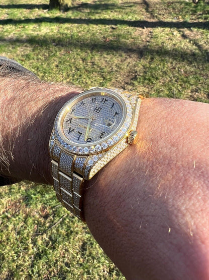 Hip Hop 16ct MOISSANITE Mens 14k Gold Over Stainless Watch Honeycomb Iced Arabic Dial