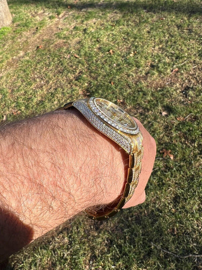 Hip Hop 16ct MOISSANITE Mens 14k Gold Over Stainless Watch Honeycomb Iced Arabic Dial