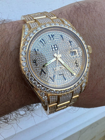 Hip Hop 16ct MOISSANITE Mens 14k Gold Over Stainless Watch Honeycomb Iced Arabic Dial