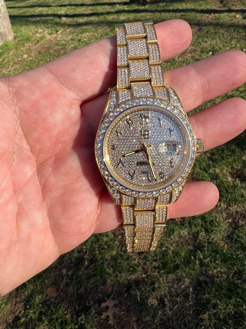 Hip Hop 16ct MOISSANITE Mens 14k Gold Over Stainless Watch Honeycomb Iced Arabic Dial