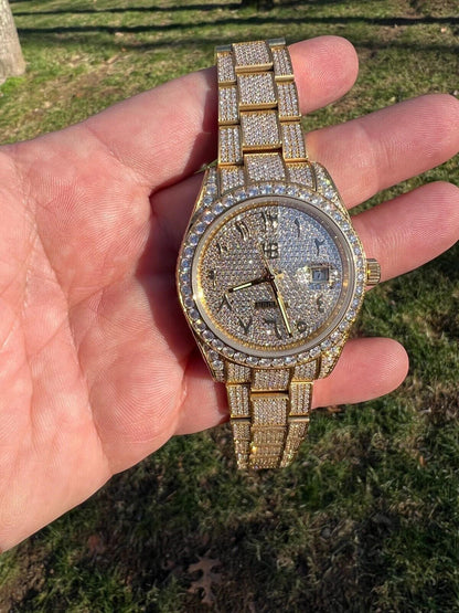 Hip Hop 16ct MOISSANITE Mens 14k Gold Over Stainless Watch Honeycomb Iced Arabic Dial