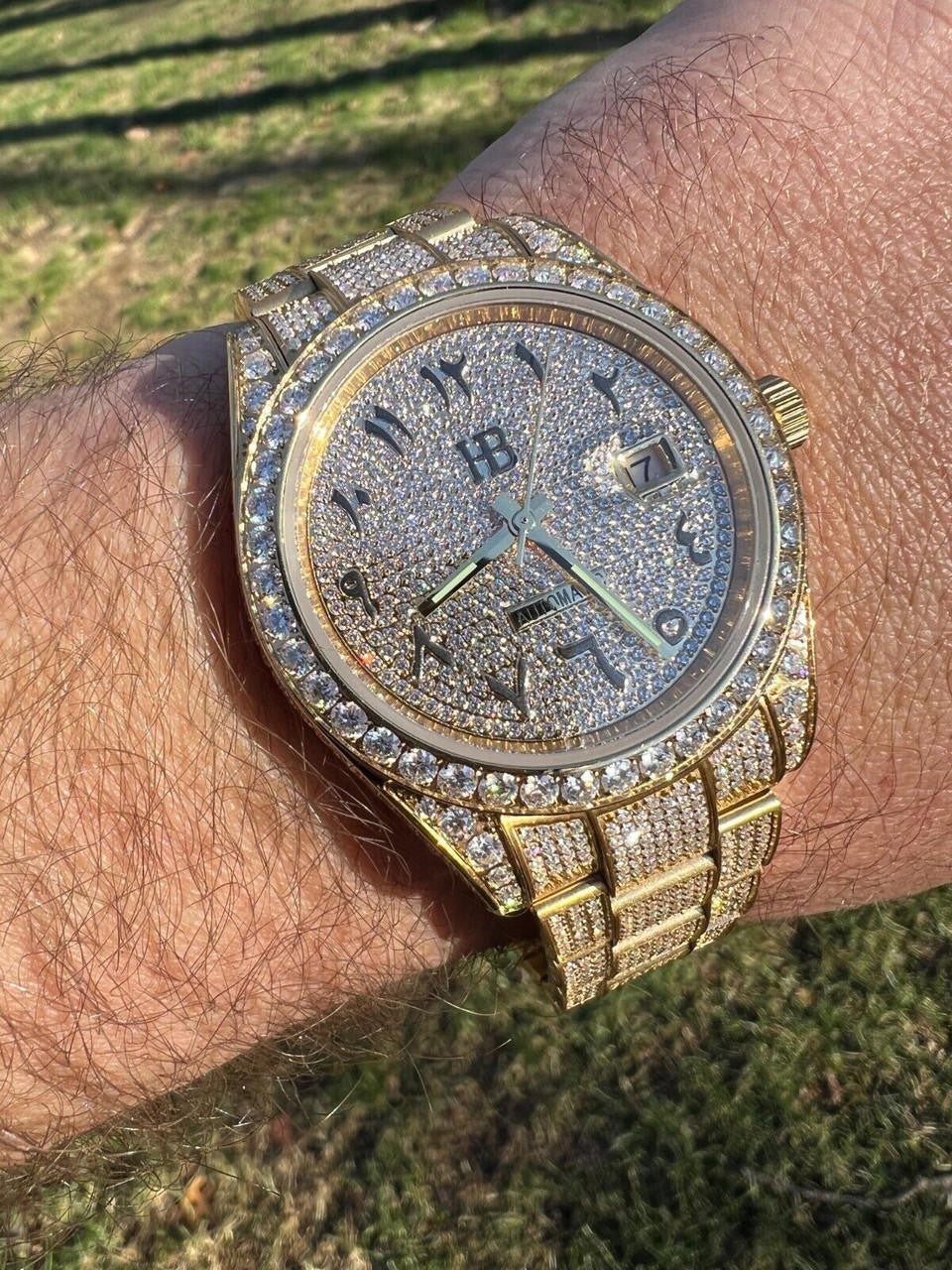 Hip Hop 16ct MOISSANITE Mens 14k Gold Over Stainless Watch Honeycomb Iced Arabic Dial