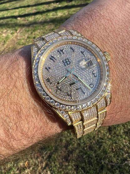 Hip Hop 16ct MOISSANITE Mens 14k Gold Over Stainless Watch Honeycomb Iced Arabic Dial