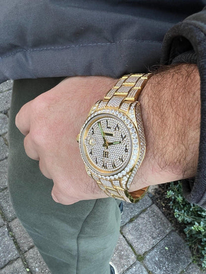 Hip Hop 16ct MOISSANITE Mens 14k Gold Over Stainless Watch Honeycomb Iced Arabic Dial