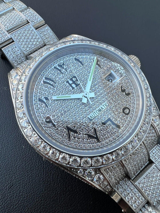 Hip Hop 16ct MOISSANITE Mens Presidential Watch Honeycomb Set Iced Arabic Dial Hip Hop