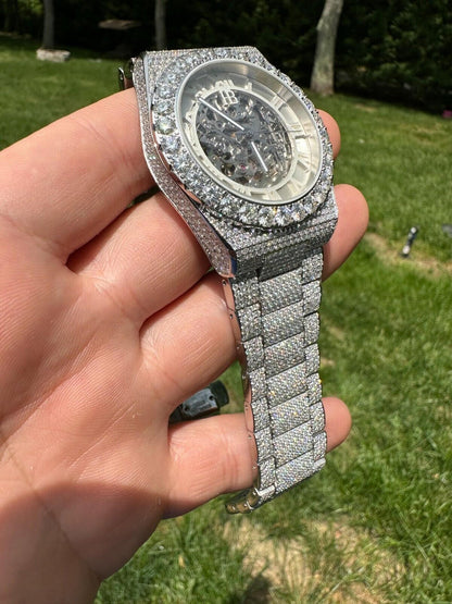 Hip Hop 35.5ct MOISSANITE Automatic Skeleton Watch Mens Real Iced Hip Hop Passes Tester