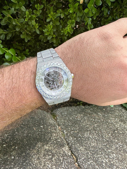 Hip Hop 35.5ct MOISSANITE Automatic Skeleton Watch Mens Real Iced Hip Hop Passes Tester