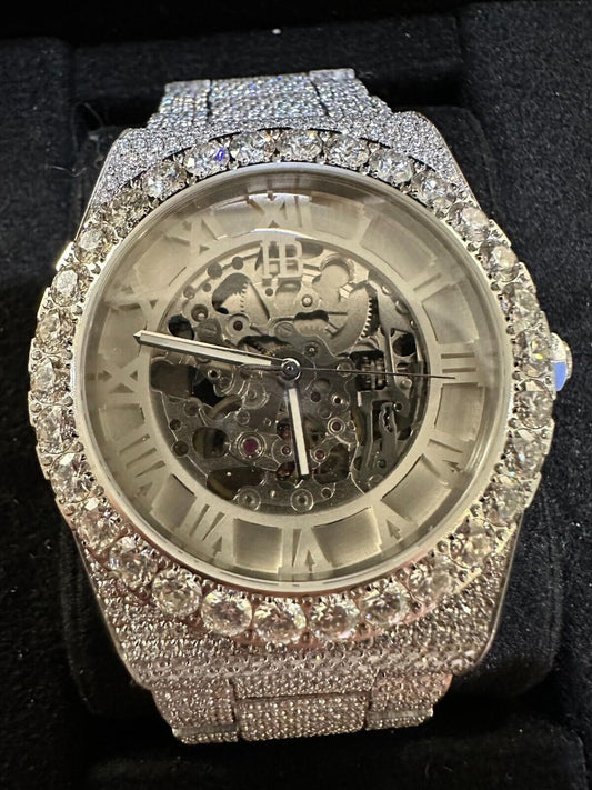 Hip Hop 35.5ct MOISSANITE Automatic Skeleton Watch Mens Real Iced Hip Hop Passes Tester