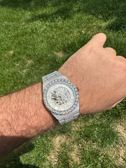 Hip Hop 35.5ct MOISSANITE Automatic Skeleton Watch Mens Real Iced Hip Hop Passes Tester