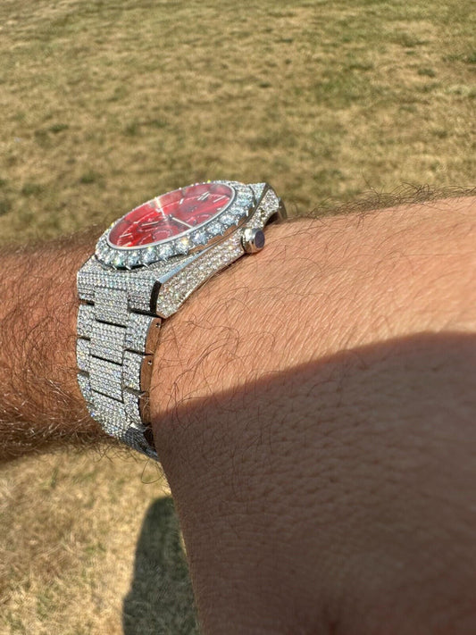 Hip Hop 35ct MOISSANITE Red Face Mens Perpetual Calendar Real Watch Auto Iced Hip Hop