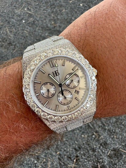 Hip Hop 35ct MOISSANITE White Face Mens Perpetual Calendar Real Watch Auto Iced Hip Hop